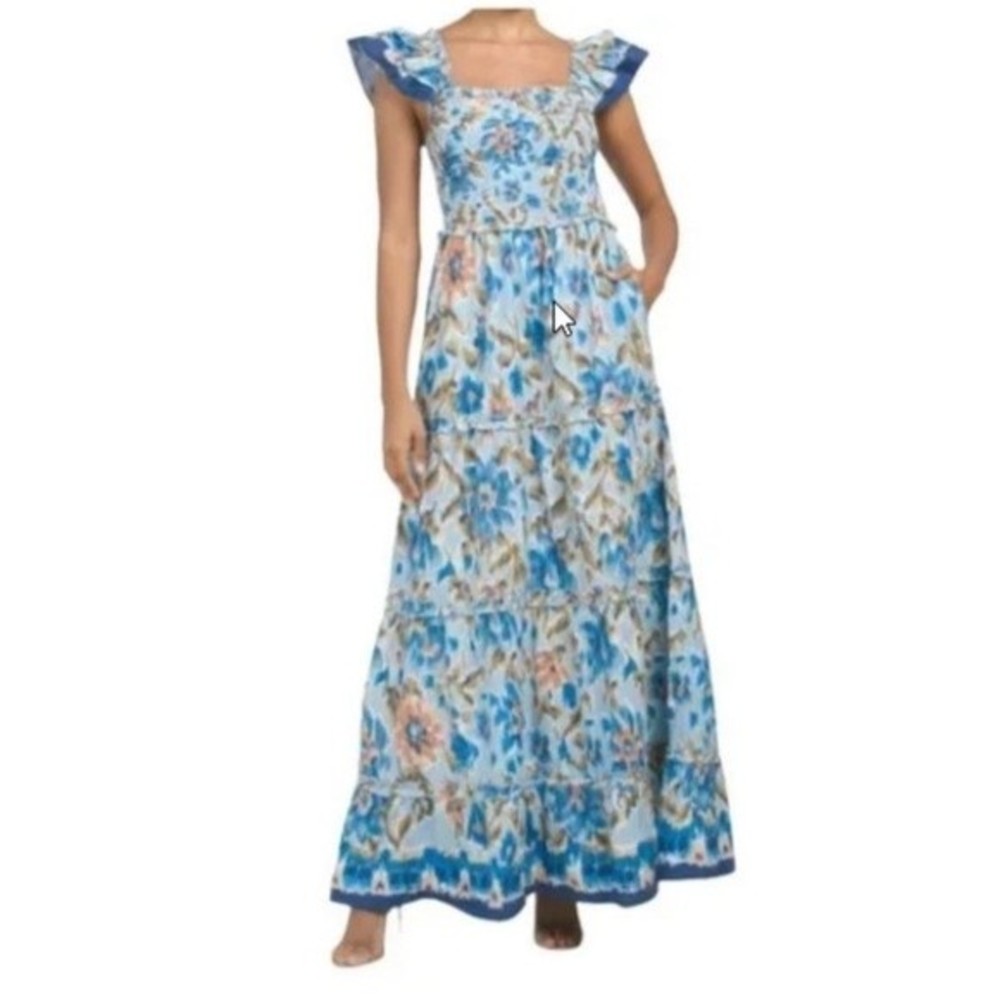 NWT House of Harlow 1960 Zoey Smocked Blue Floral Tiered Maxi Dress S